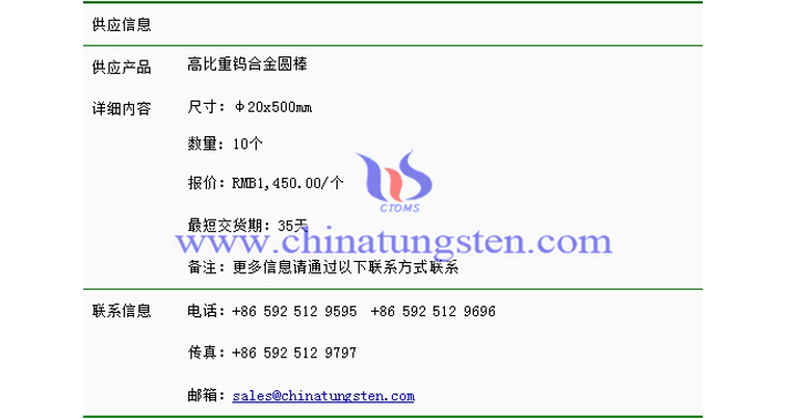 高比重鎢合金圓棒價(jià)格表圖片